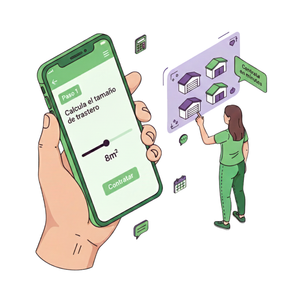 Elige el tamaño ideal con nuestra calculadora y contrata tu trastero en minutos.